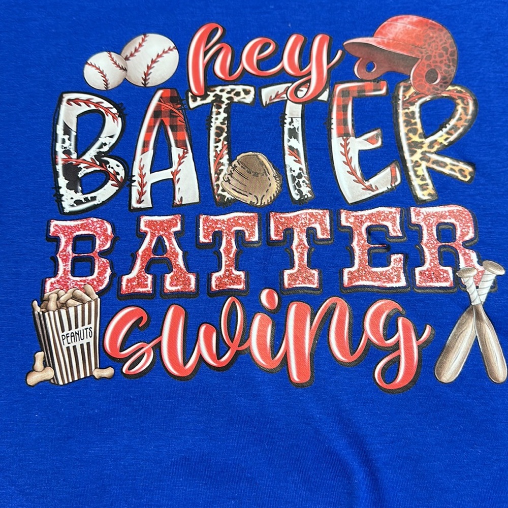 New without tags “Hey Batter Batter Swing” royal Blue T shirt